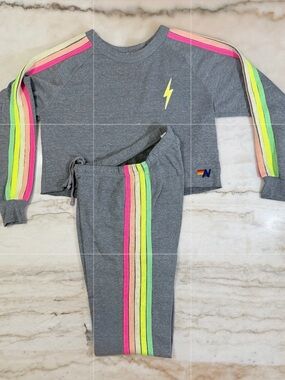 Aviator Nation 5 stripe Grey and Pastel Sweatpants and Sweatshirt both XS